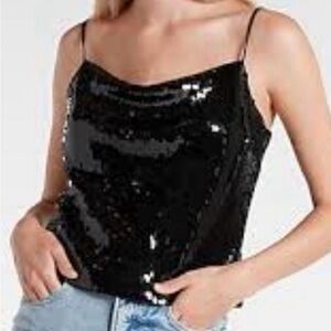 Express Sequin Cowl Neck Spaghetti Strap Tank Top - Black